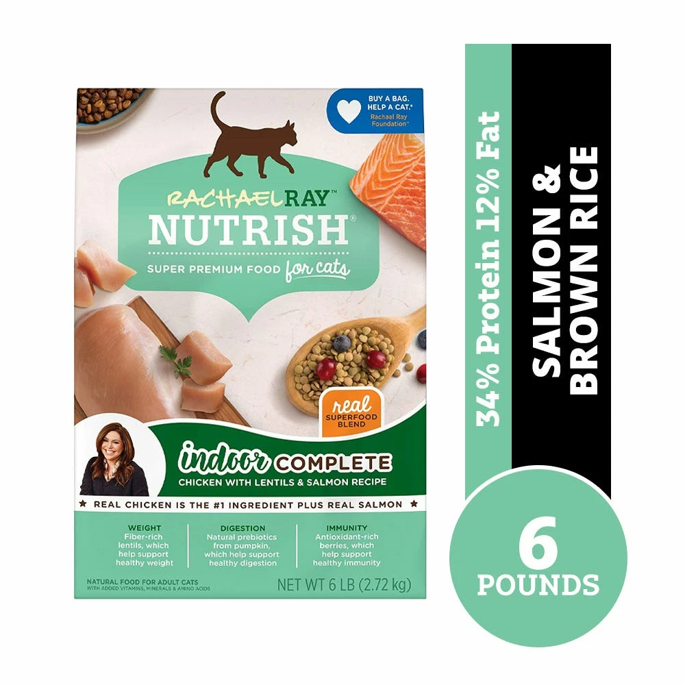 Rachael Ray Nutrish Super Premium Indoor Complete Chicken with Lentils & Salmon Dry Cat Food, 6 lb. Bag 3 Rachael Ray Nutrish Super Premium Indoor Complete Chicken with Lentils & Salmon Dry Cat Food, 6 lb. Bag
