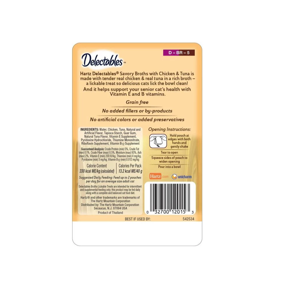 Hartz Delectables Cat Treat, Broths Sr 10 plus Chicken & Tuna, 1.4 oz. Pouch - Cat Treats 4 Hartz Delectables Cat Treat, Broths Sr 10 plus Chicken & Tuna, 1.4 oz. Pouch - Cat Treats - Image 2