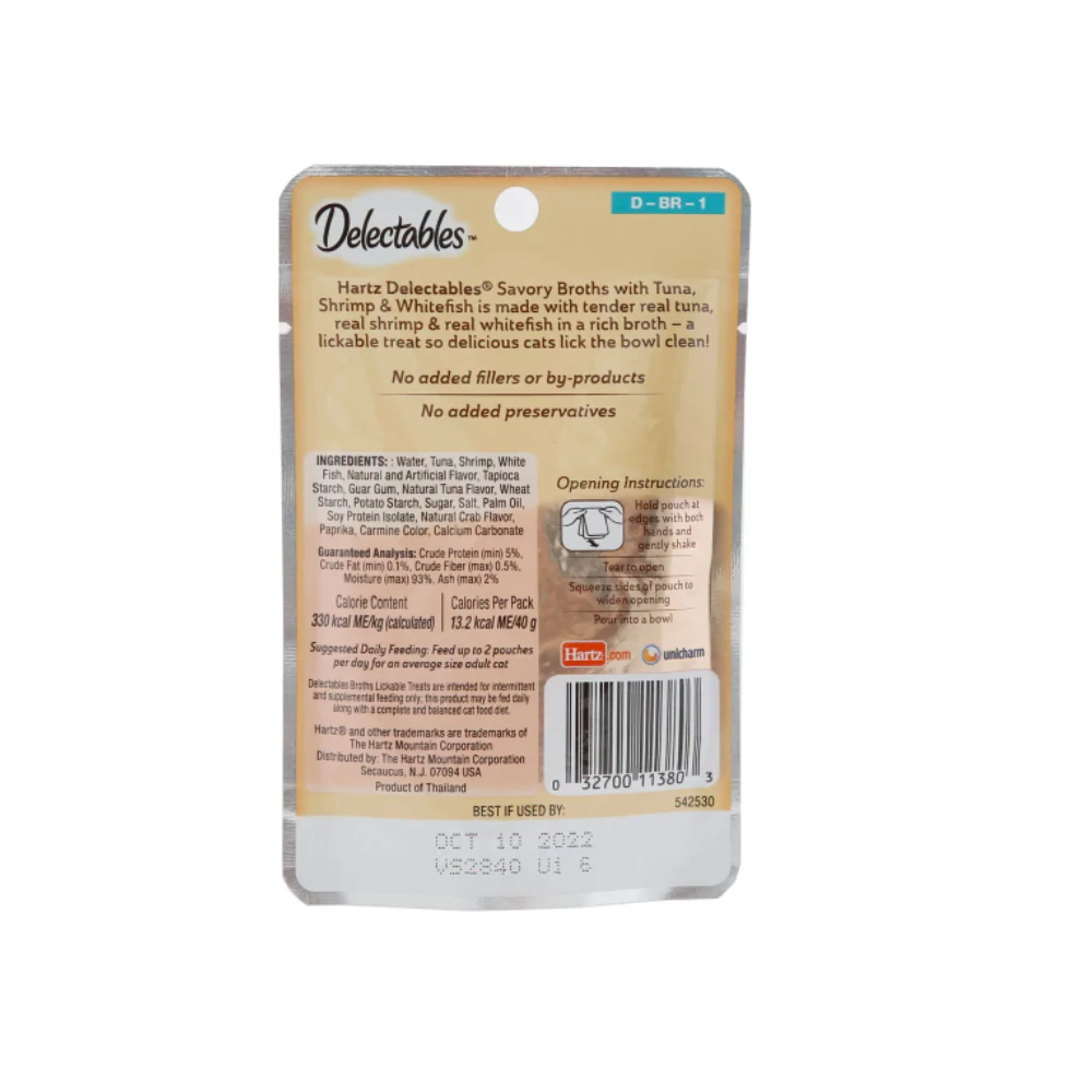 Hartz Delectables Cat Treat, Broths Tuna Shrimp & Whitefish, 1.4 oz. Pouch - Cat Treats 4 Hartz Delectables Cat Treat, Broths Tuna Shrimp & Whitefish, 1.4 oz. Pouch - Cat Treats - Image 2