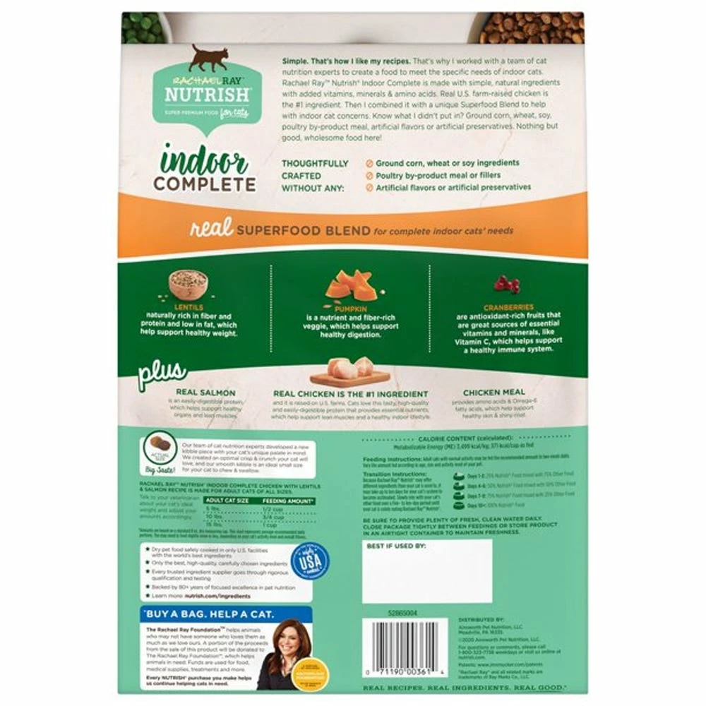 Rachael Ray Nutrish Super Premium Indoor Complete Chicken with Lentils & Salmon Dry Cat Food, 6 lb. Bag 4 Rachael Ray Nutrish Super Premium Indoor Complete Chicken with Lentils & Salmon Dry Cat Food, 6 lb. Bag - Image 2