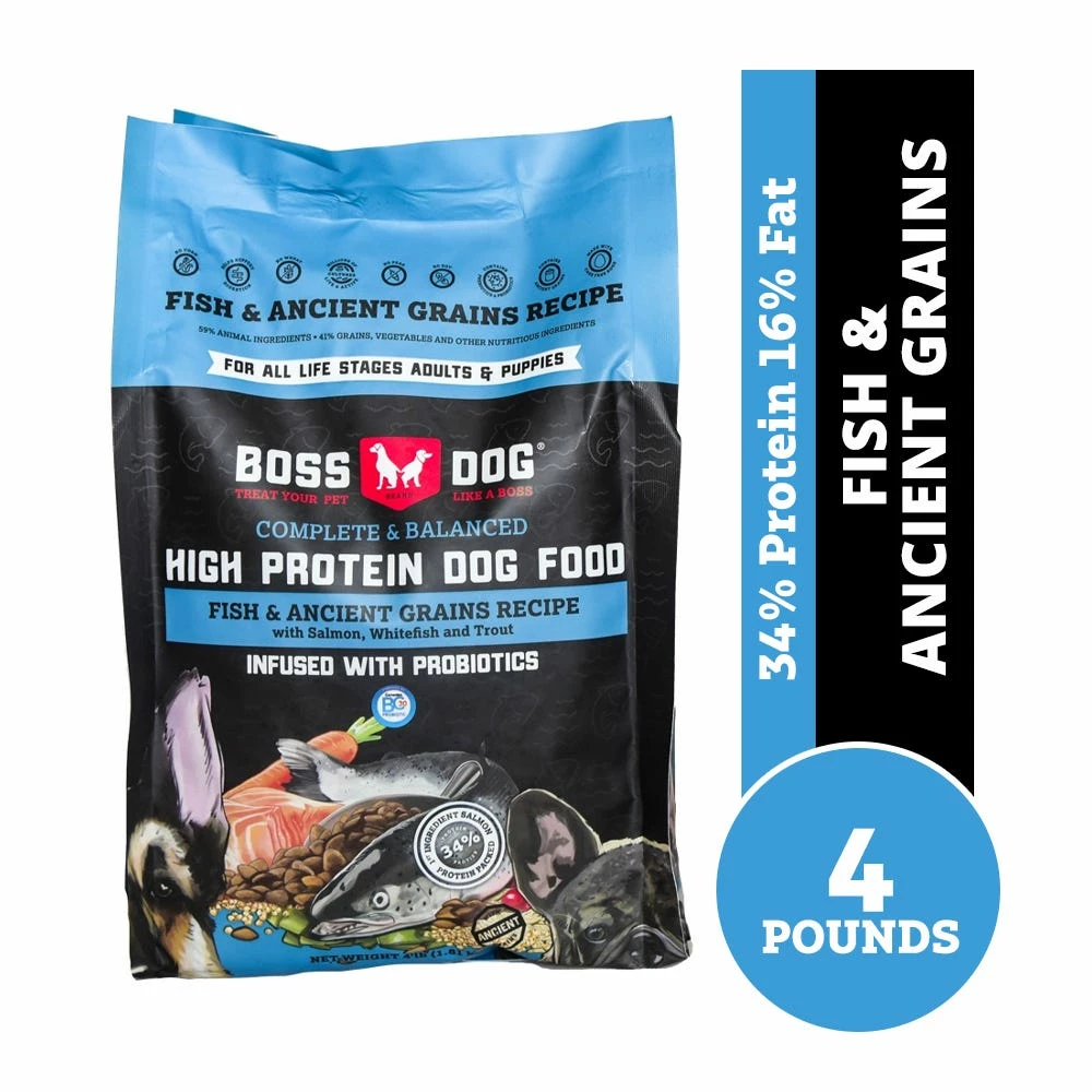 Boss Dog Brand Boss Dog Fish & Ancient Grains Recipe High Protein Kibble for Dogs, 4 lb. Bag - Dry Dog Food 3 Boss Dog Brand Boss Dog Fish & Ancient Grains Recipe High Protein Kibble for Dogs, 4 lb. Bag - Dry Dog Food
