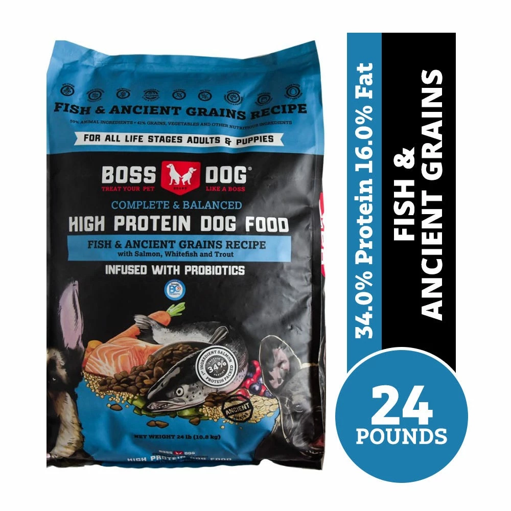 Boss Dog Brand Boss Dog® Brand High Protein Kibble Fish & Ancient Grains Recipe, 24 lb. Bag - Dog Food 3 Boss Dog Brand Boss Dog® Brand High Protein Kibble Fish & Ancient Grains Recipe, 24 lb. Bag - Dog Food