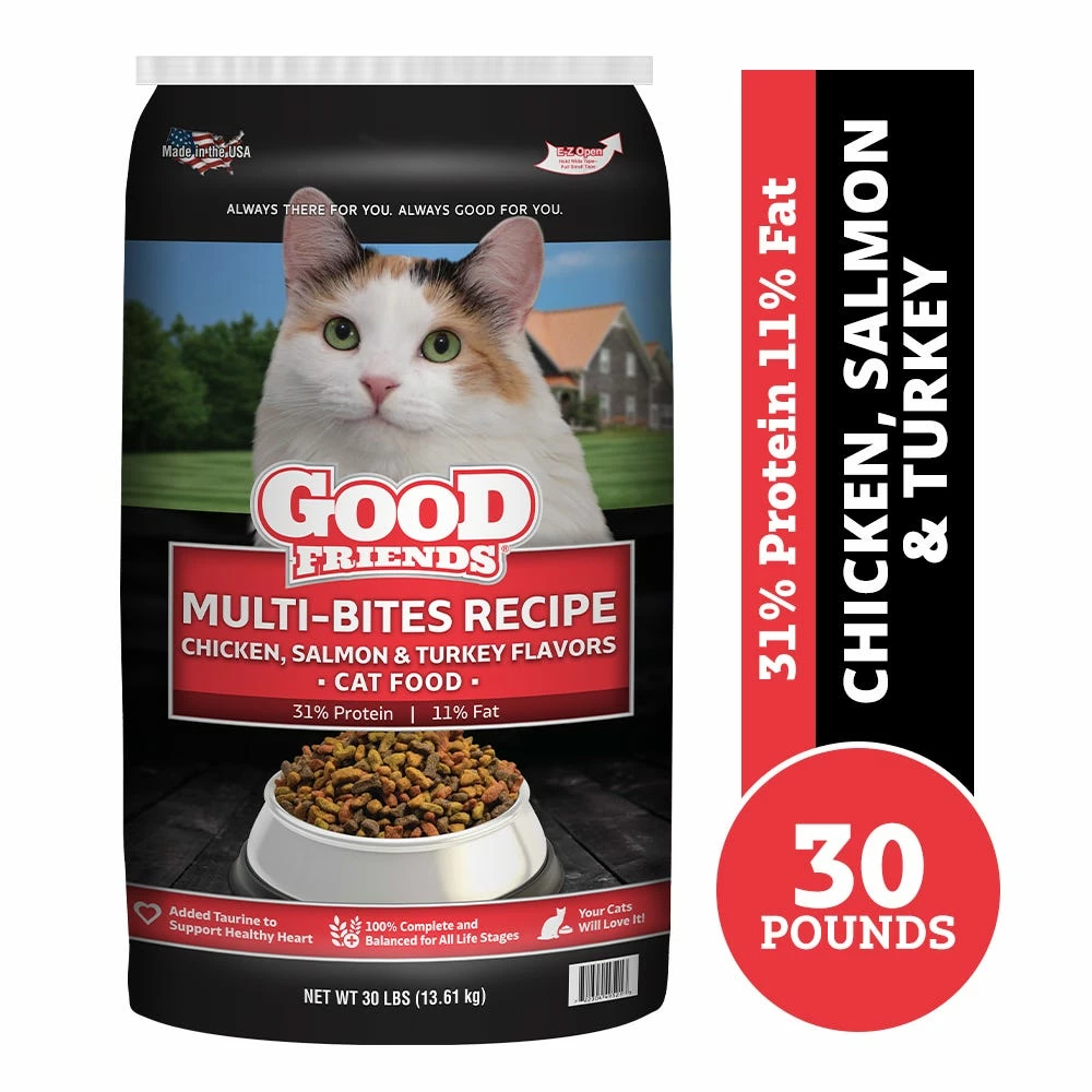 Good Friends Multi-Bites Recipe Chicken, Salmon & Turkey Flavor Dry Cat Food, 30 lb. Bag 3 Good Friends Multi-Bites Recipe Chicken, Salmon & Turkey Flavor Dry Cat Food, 30 lb. Bag