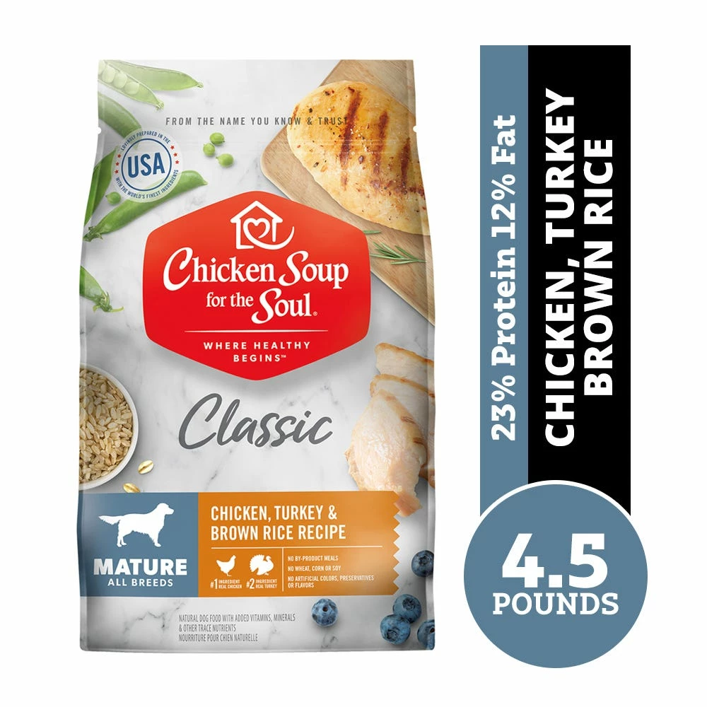 Chicken Soup for the Soul Mature - Chicken, Turkey & Brown Rice Recipe Dry Dog Food, 4.5 lb. Bag 3 Chicken Soup for the Soul Mature - Chicken, Turkey & Brown Rice Recipe Dry Dog Food, 4.5 lb. Bag