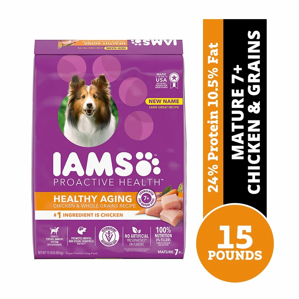 Iams ProActive Health Healthy Aging Chicken & Whole Grains Recipe Senior Dry Dog Food, 15 lb. Bag 3 Iams ProActive Health Healthy Aging Chicken & Whole Grains Recipe Senior Dry Dog Food, 15 lb. Bag
