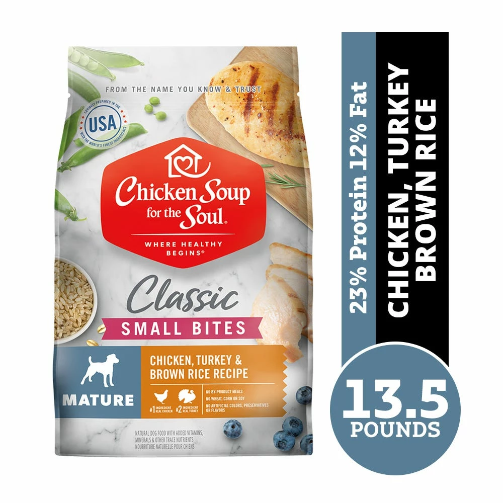 Chicken Soup for the Soul Small Bites Mature - Chicken, Turkey & Brown Rice Recipe Dry Dog Food, 13.5 lb. Bag 3 Chicken Soup for the Soul Small Bites Mature - Chicken, Turkey & Brown Rice Recipe Dry Dog Food, 13.5 lb. Bag